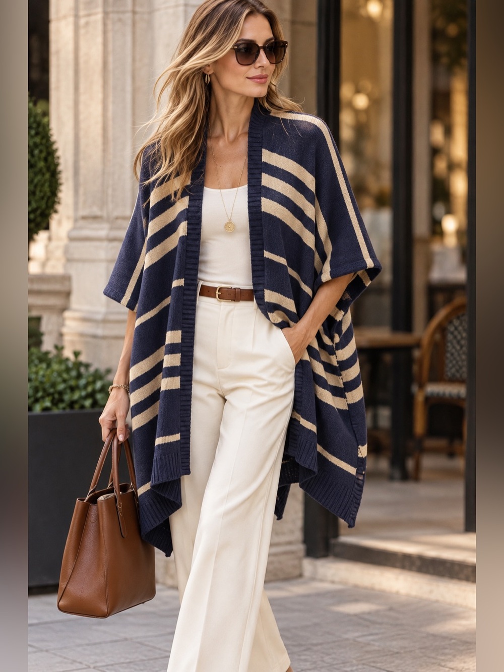 GAP Navy and Beige Striped Open-Front Knit Poncho